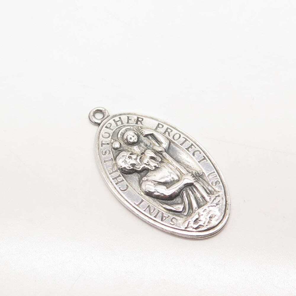 925 Sterling Silver Vintage St. Christopher Religious Oval Pendant - Picture 3 of 8